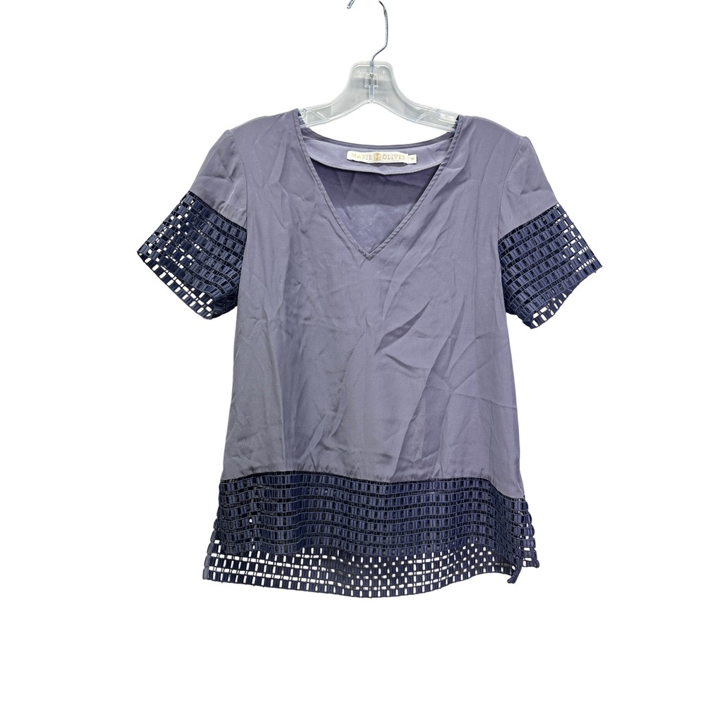 Marie Oliver Silk V-Neck Blouse XS Lavender Lattice Embroidered Trim